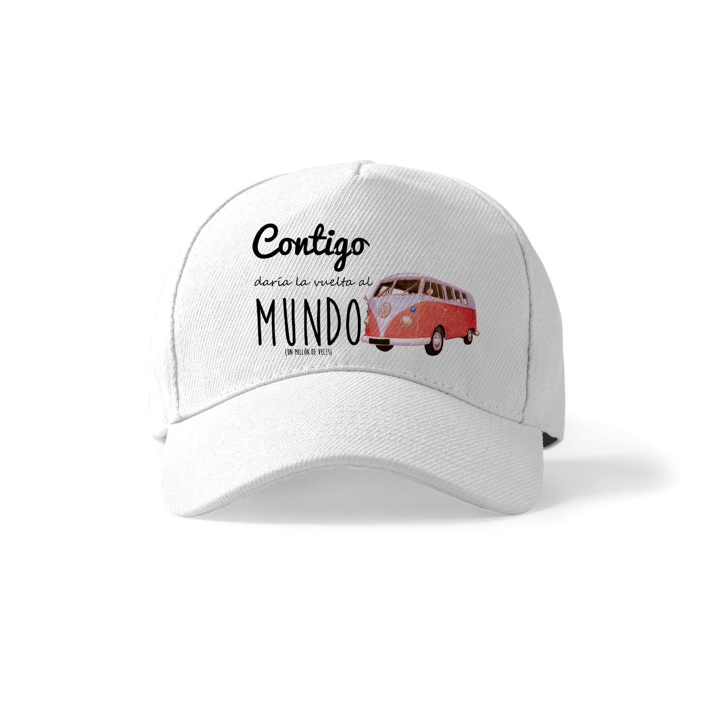 Gorra romántica con furgoneta y frase “Contigo daría la vuelta al mundo”