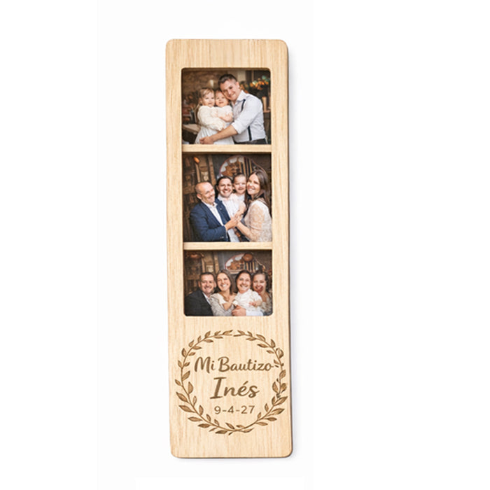 Marco fotomatón de madera personalizado para bautizo