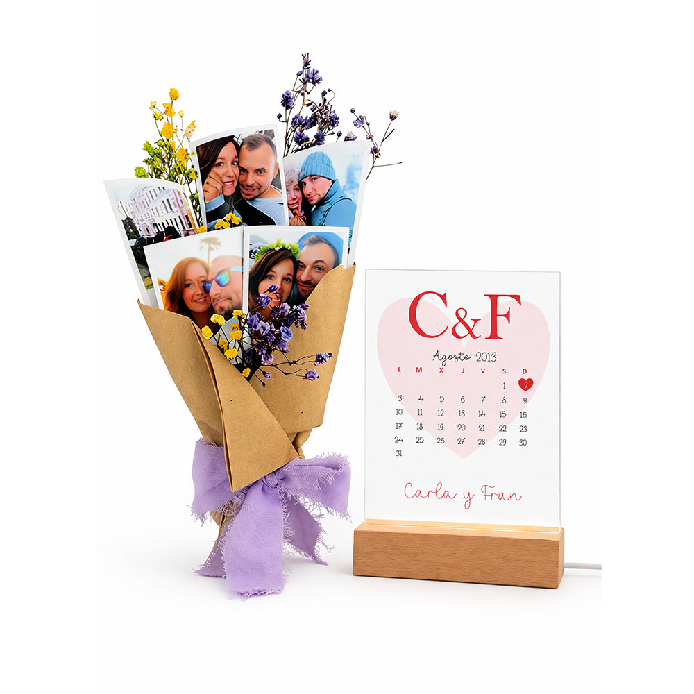 Pack personalizado con ramo de fotos y lámpara calendario