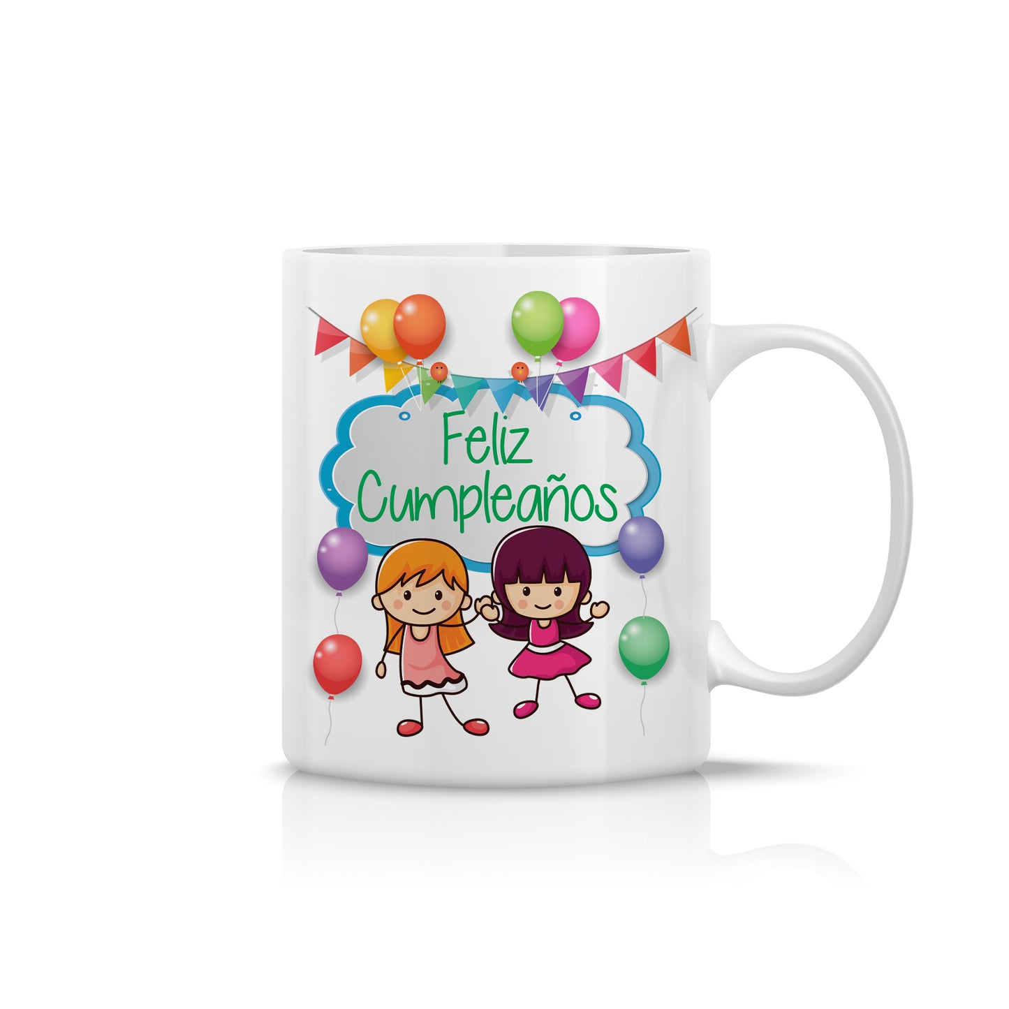 Taza infantil “Feliz Cumpleaños” con muñequitas y globos