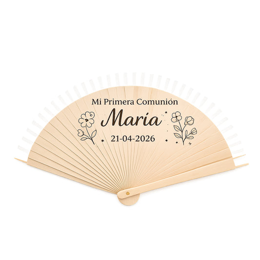 Abanico comunión personalizado madera natural grabado elegante