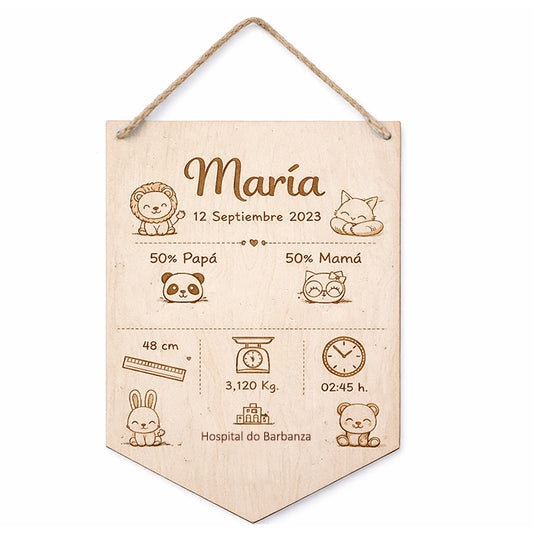 Banderín natalicio de madera personalizado para bebé
