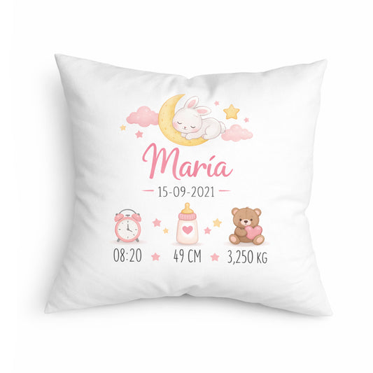 Cojín natalicio personalizado para bebé con nombre y datos
