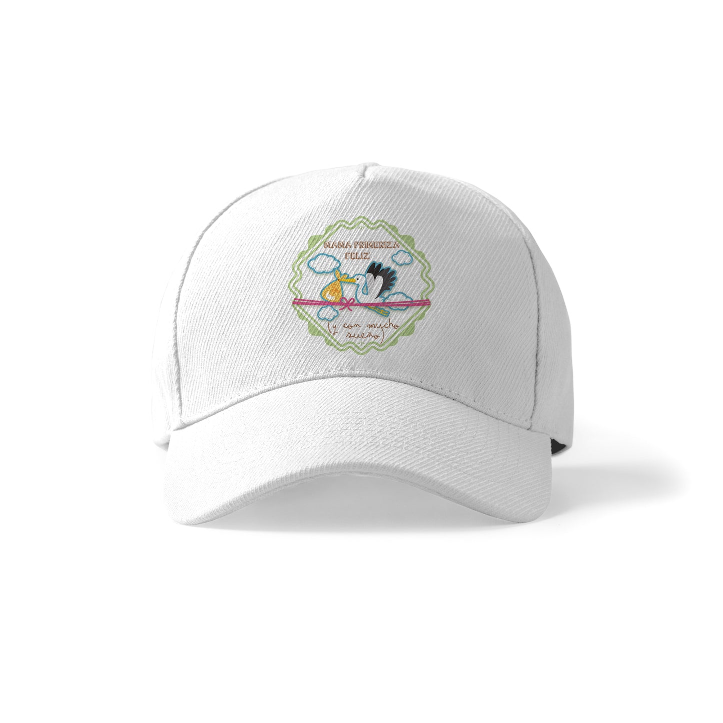 Gorra blanca Mamá Primeriza Feliz con cigüeña y diseño tierno