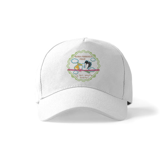 Gorra blanca Mamá Primeriza Feliz con cigüeña y diseño tierno