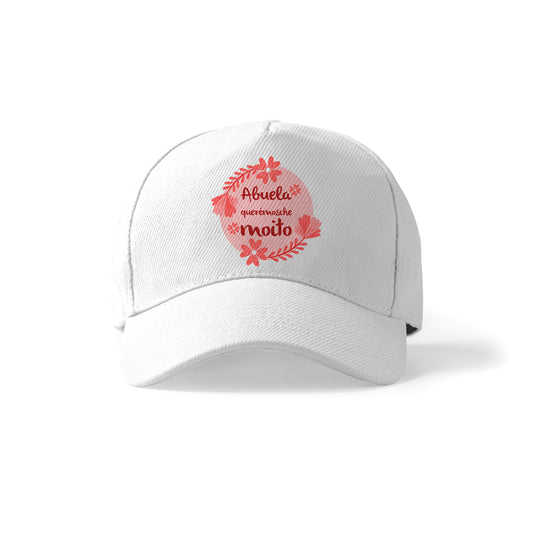 Gorra blanca para abuela con frase en gallego y diseño floral