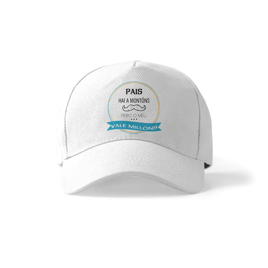 Gorra blanca para pai con frase en gallego “O meu vale millóns”
