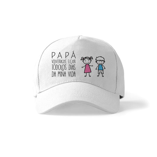 Gorra blanca para papá con frase en gallego y dibujo infantil