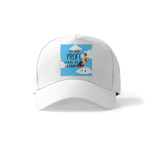 Gorra para profesora con frase “Yo soy profe, ¿cuál es tu superpoder?” ilustrada