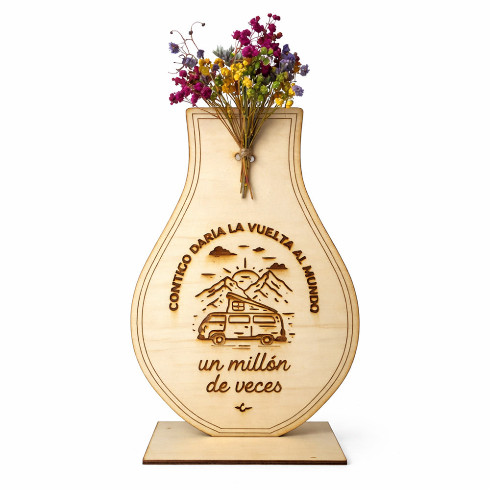 Madera personalizada con forma de florero y flores preservadas