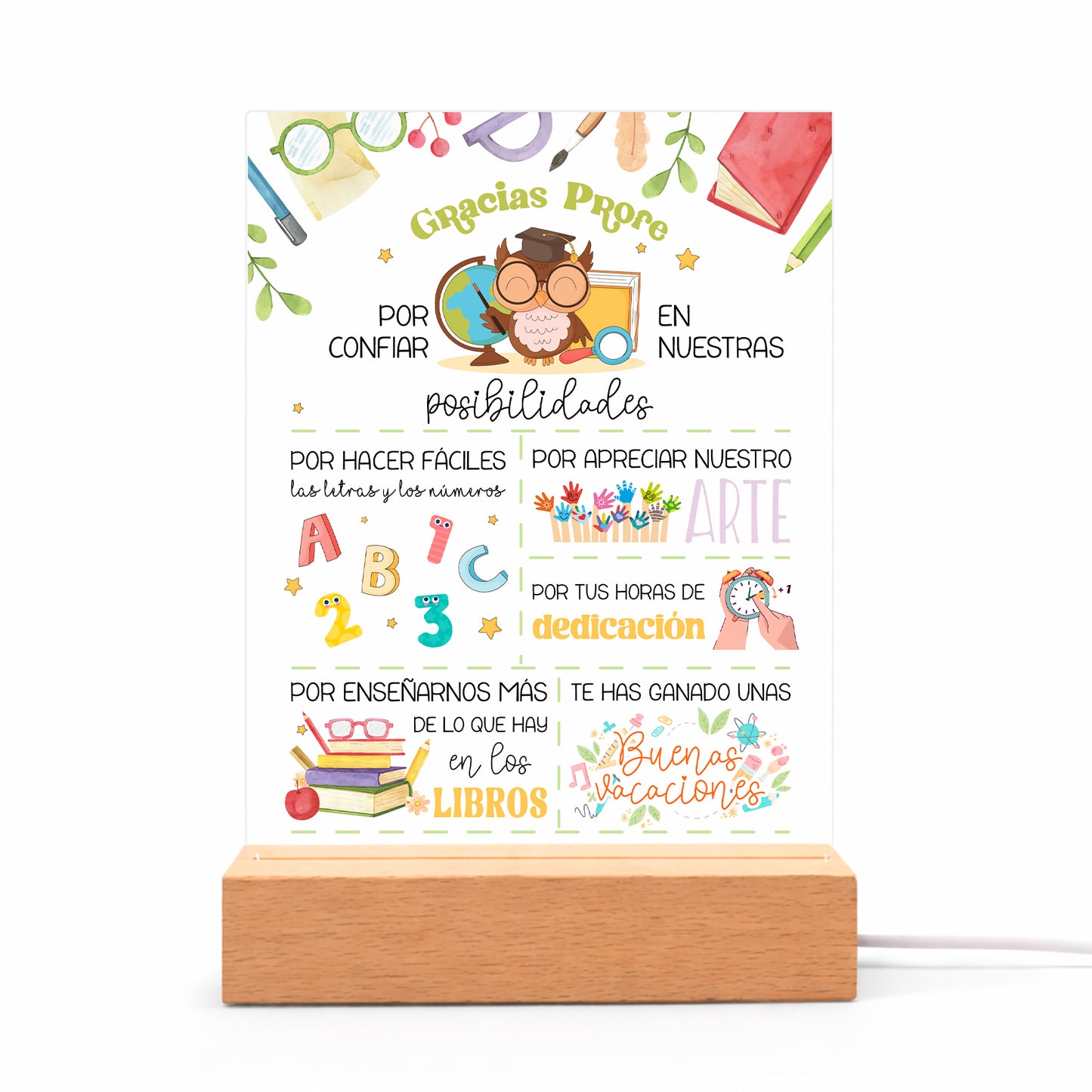 Lámpara personalizada para profesora con diseño de agradecimiento