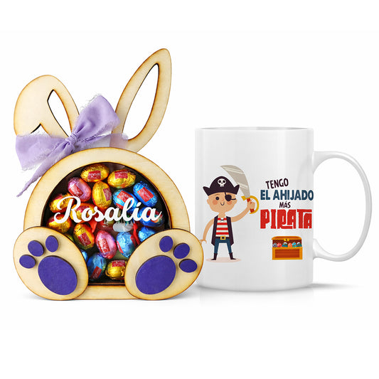Pack de Pascua personalizado con conejo de madera y taza