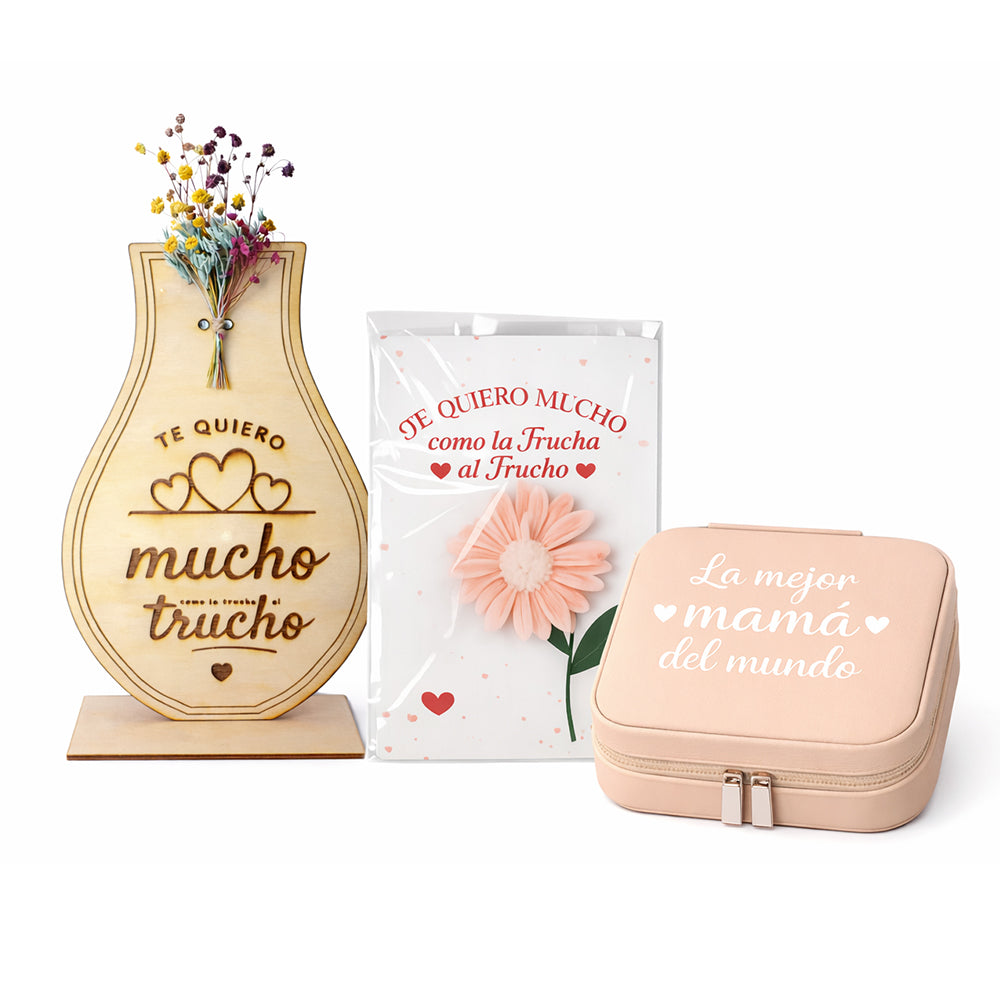 Pack regalo original con joyero, vela decorativa y madera con flores