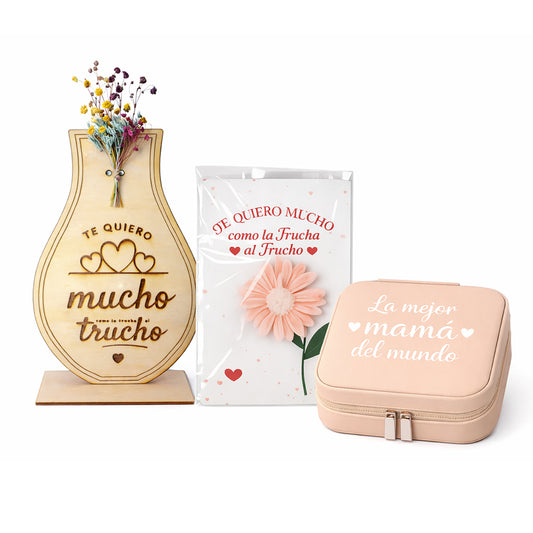 Pack regalo original con joyero, vela decorativa y madera con flores