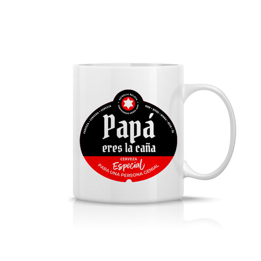 Taza “Papá, eres la Caña” – Diseño Estilo Etiqueta Cerveza