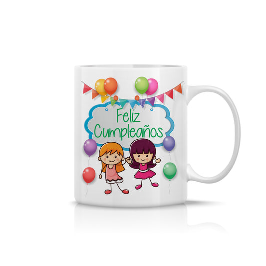 Taza infantil “Feliz Cumpleaños” con muñequitas y globos