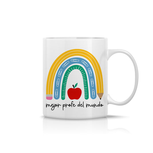 Taza “Mejor Profe del Mundo” con diseño escolar de arcoíris