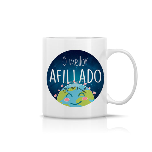 Taza para ahijado “O mellor afillado do mundo” con diseño de planeta