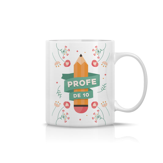 Taza “Profe de 10” con diseño floral y lápiz decorativo