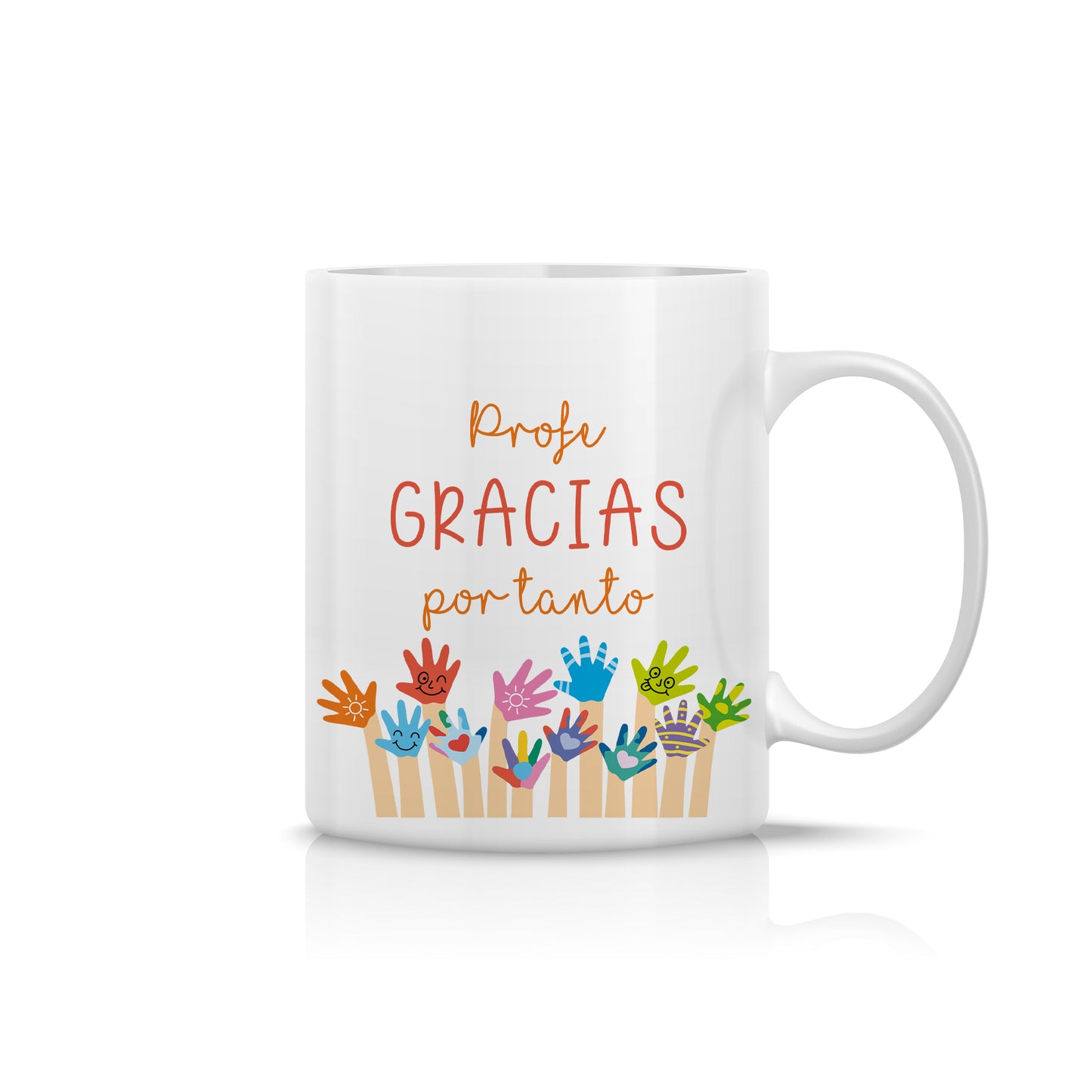 Taza “Profe, gracias por tanto” con diseño infantil de manos