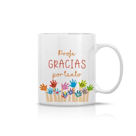 Taza “Profe, gracias por tanto” con diseño infantil de manos