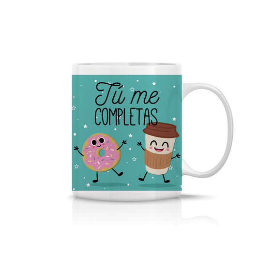 Taza “Tú me completas” con diseño de café y donut – Regalo romántico