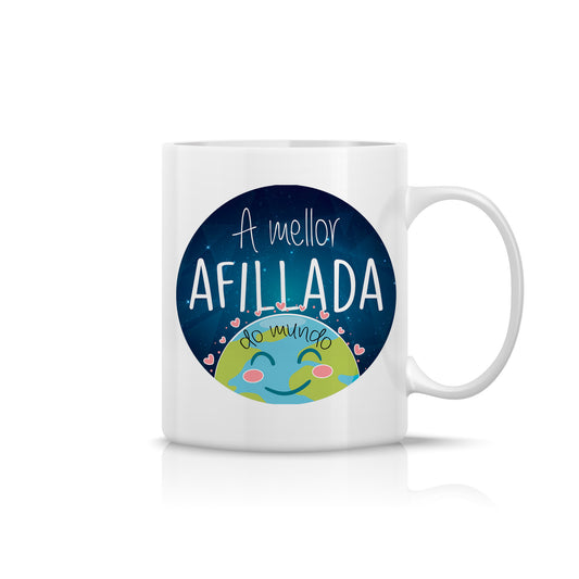Taza para ahijada “A mellor afillada do mundo” con diseño planetita