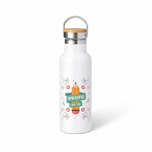 Termo “Profe de 10” con lápiz y flores – detalle original para profesor/a