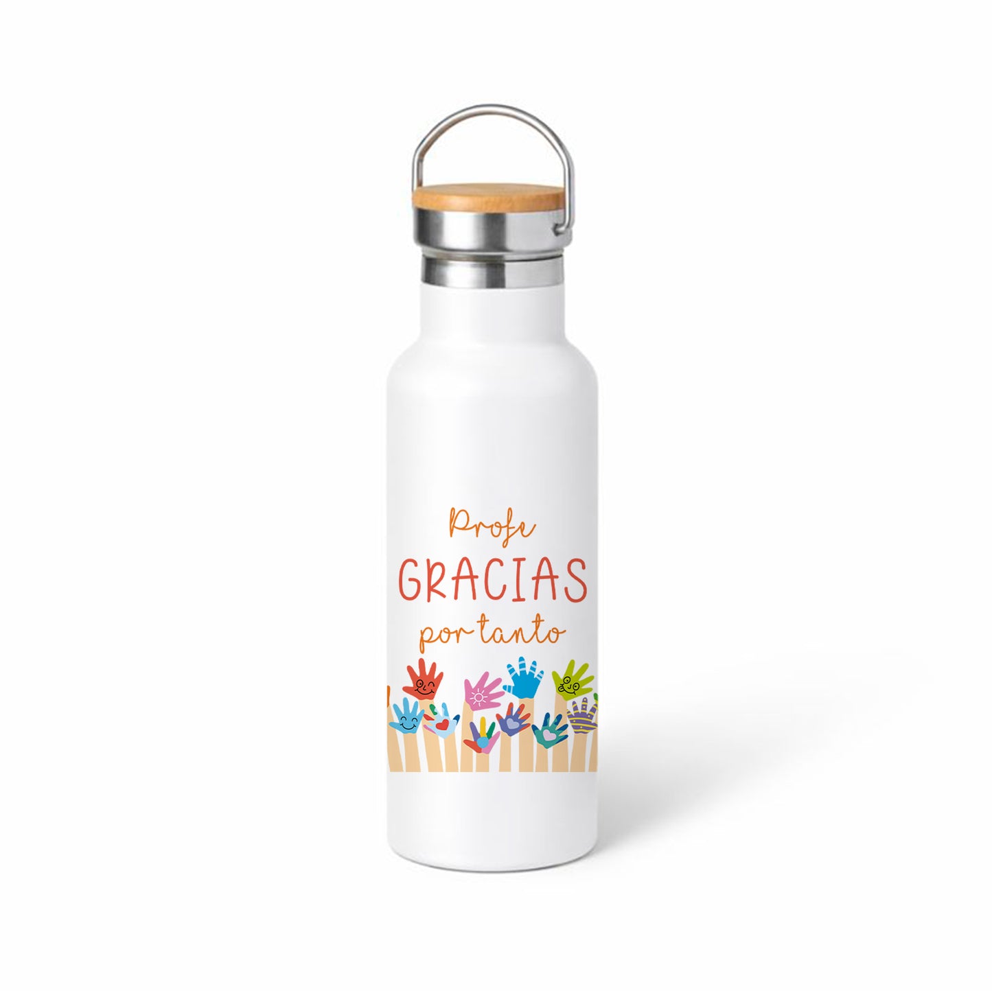 Termo “Profe, gracias por tanto” – diseño infantil con manos (fin de curso)