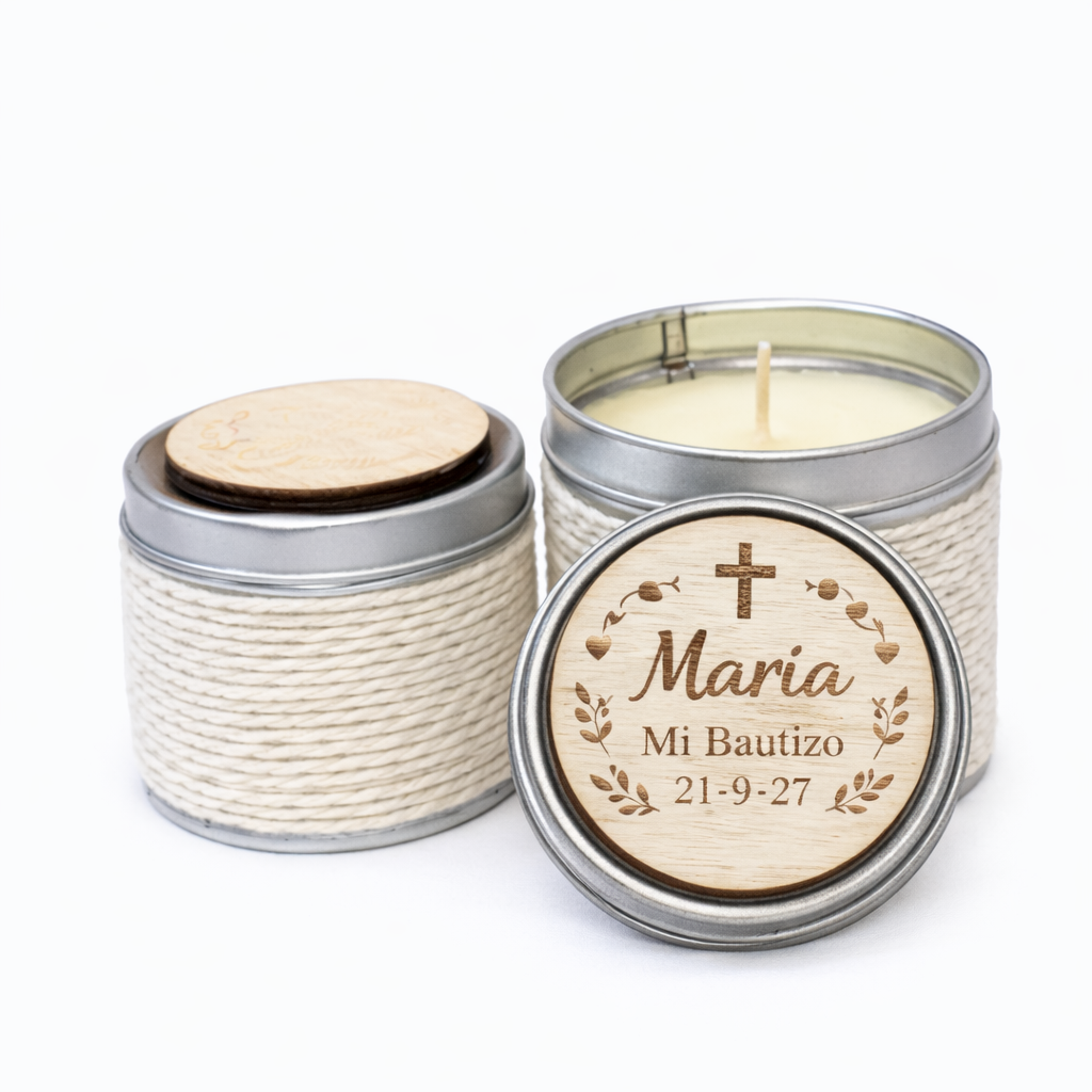 Vela personalizada para bautizo con tapa de madera