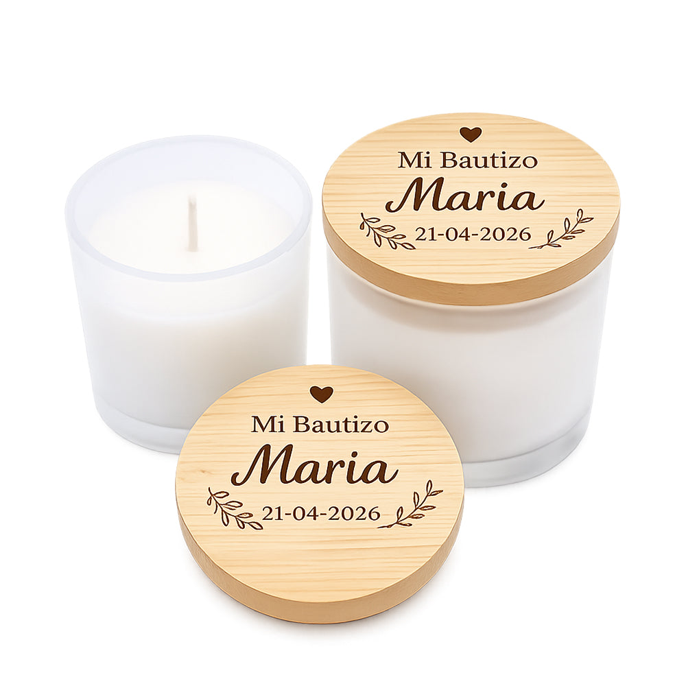 Vela personalizada para bautizo con tapa de madera